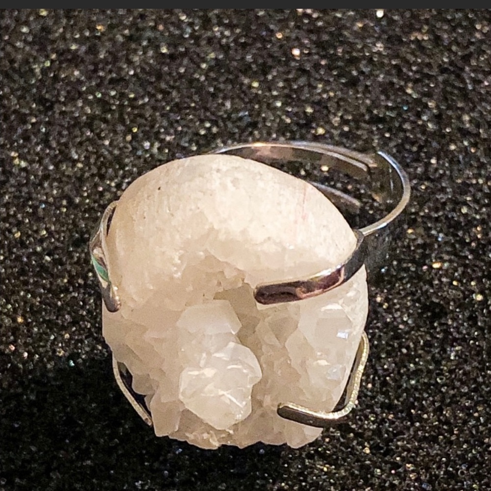 White Crystal Geode Adjustable Ring